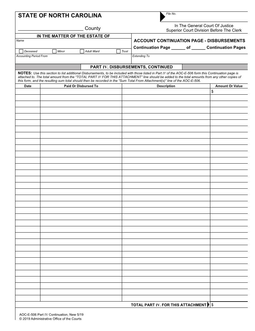 Account Continuation Page Disbursements {E-506 Part IV} | Pdf Fpdf Docx | North Carolina