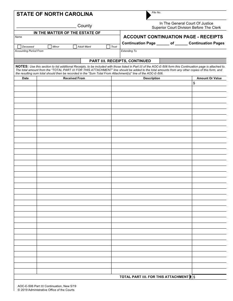 Account Continuation Page Receipts {E-506 Part III} | Pdf Fpdf Docx | North Carolina