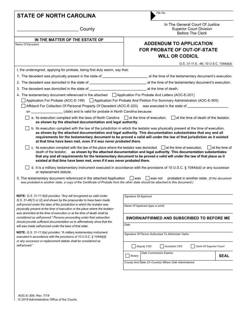 Addendum To Application For Probate Of Out Of State Will Or Codicil {E-309} | Pdf Fpdf Docx | North Carolina