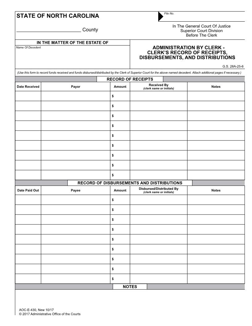 Administration By Clerk Records Of Receipts {E-430} | Pdf Fpdf Docx | North Carolina