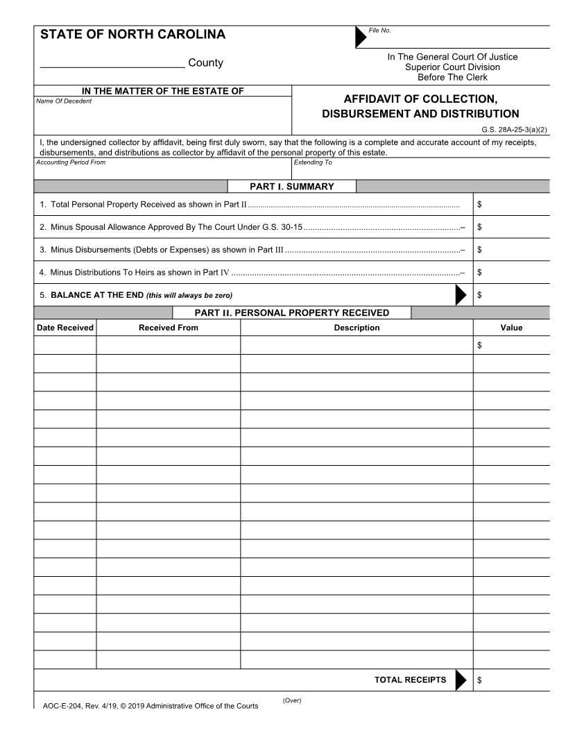 Affidavit And Collection Disbursement And Distribution {E-204} | Pdf Fpdf Doc Docx | North Carolina