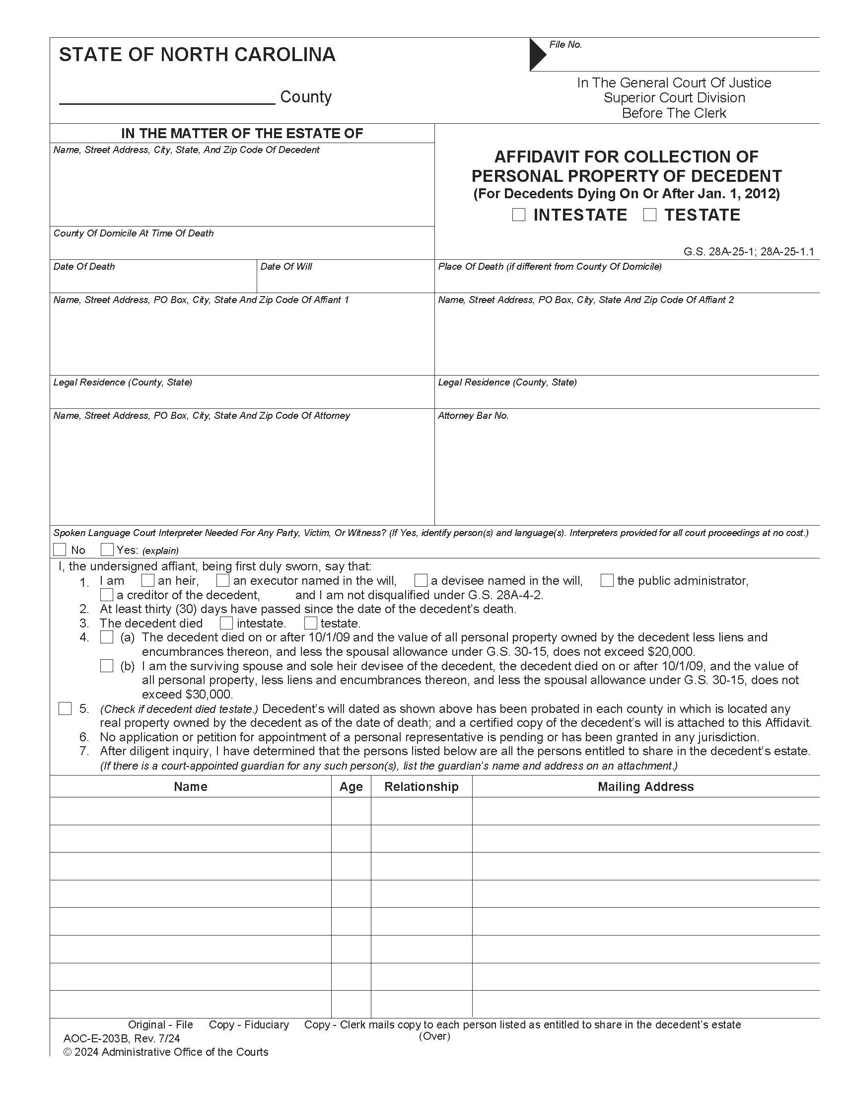 Affidavit For Collection Of Personal Property Of Decedent (After 1-1-12) {E-203B} | Pdf Fpdf Doc Docx | North Carolina