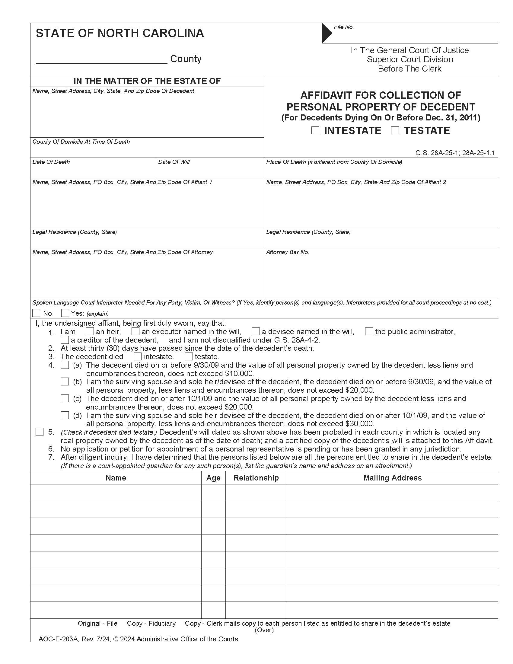 Affidavit For Collection Of Personal Property Of Decedent (Before 12-31-11) {E-203A} | Pdf Fpdf Doc Docx | North Carolina