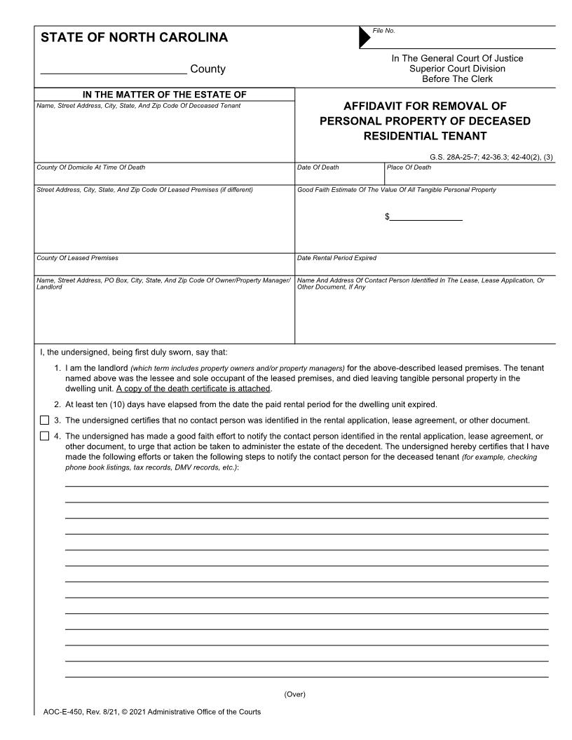 Affidavit For Removal Of Personal Property Of Deceased Residential Tenant {E-450} | Pdf Fpdf Docx | North Carolina