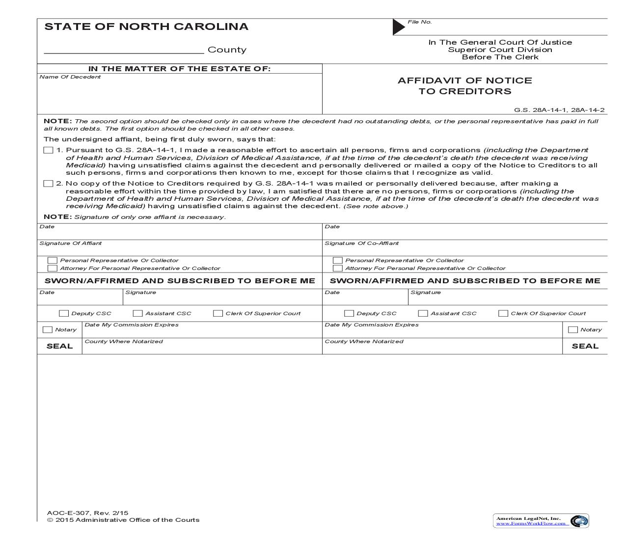 Affidavit Of Notice To Creditors {E-307} | Pdf Fpdf Doc Docx | North Carolina