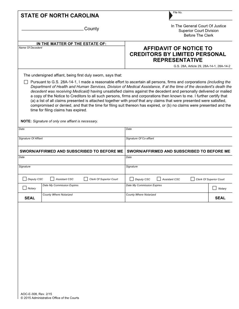 Affidavit Of Notice To Creditors By Limited Personal Representative {E-308} | Pdf Fpdf Docx | North Carolina
