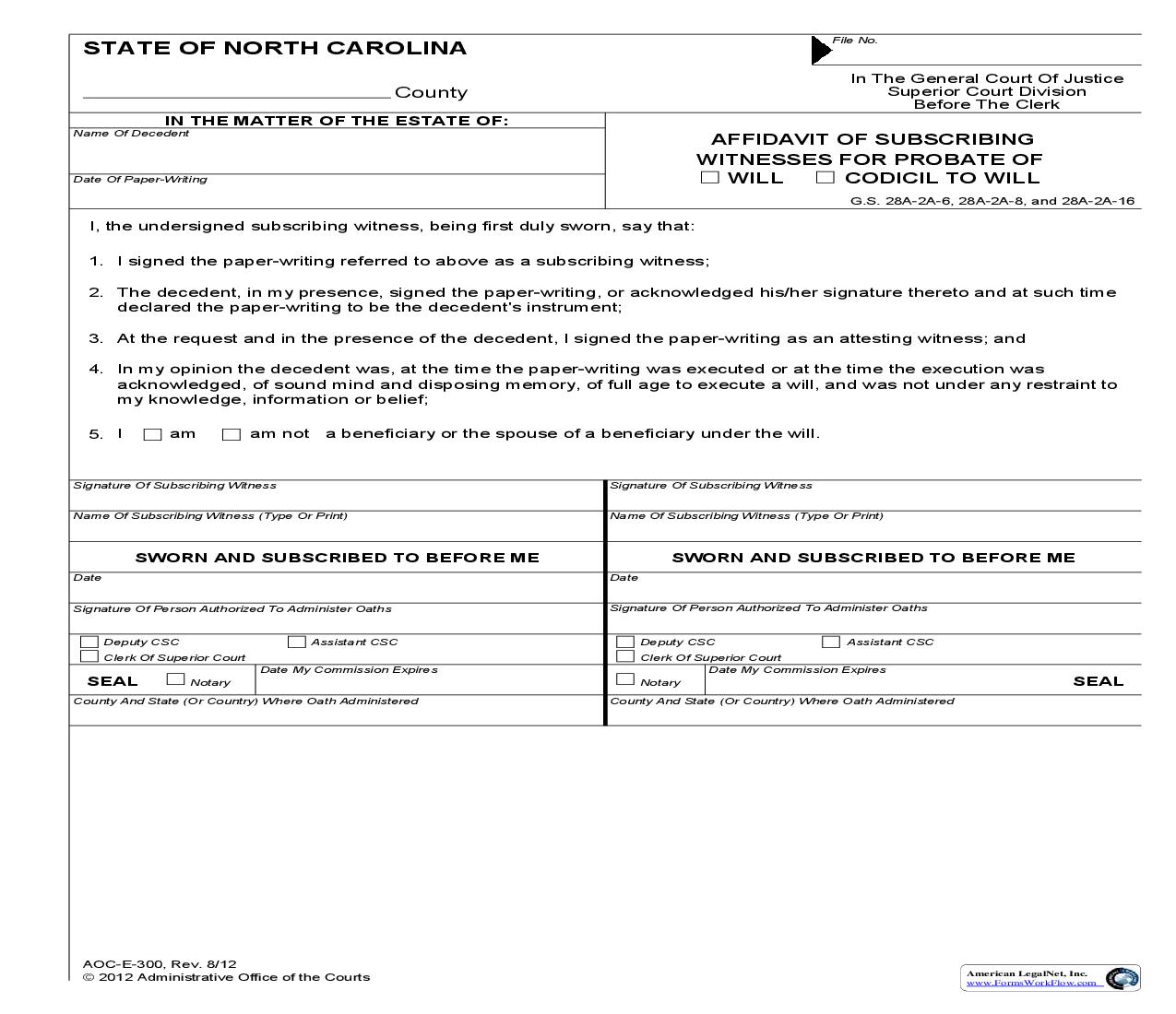 Affidavit Of Subscribing Witnesses For Probate OF Will Codicil To Will {E-300} | Pdf Fpdf Doc Docx | North Carolina