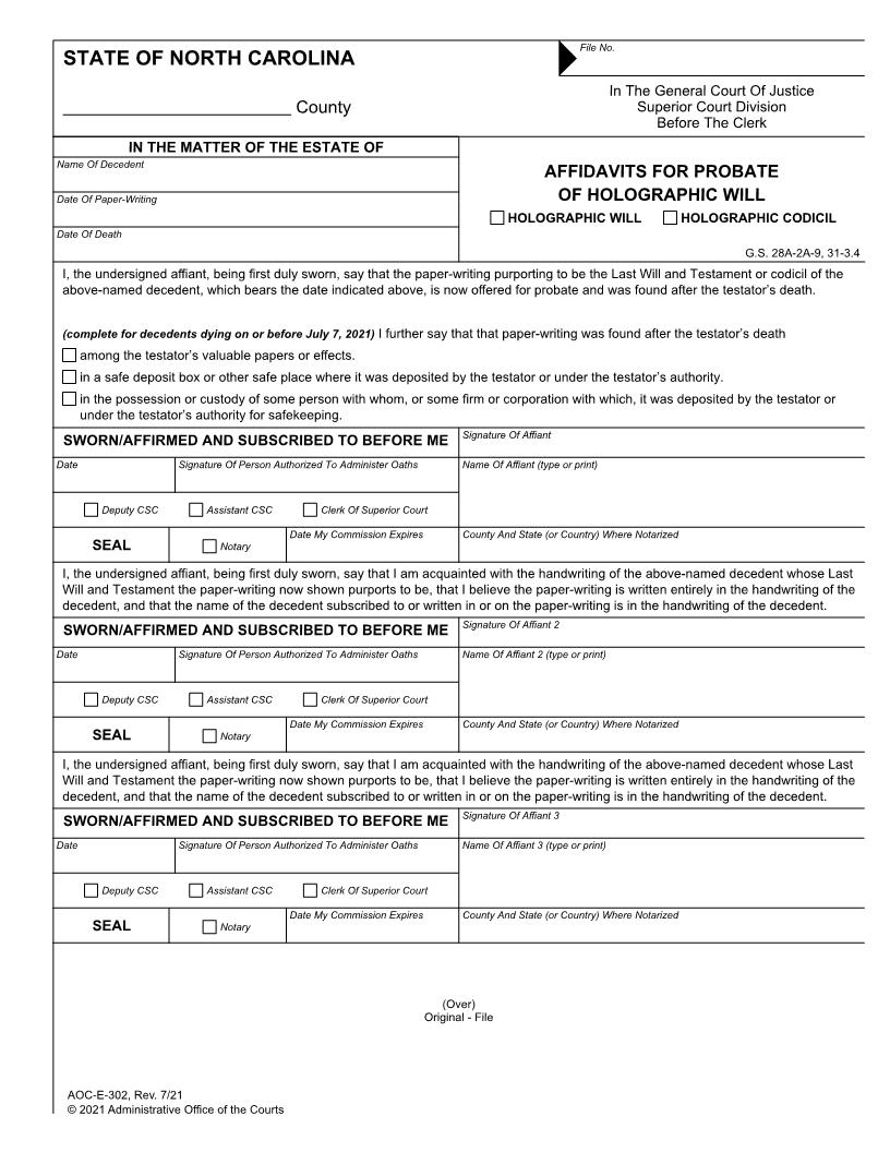 Affidavits For Probate Of Holographic Will {E-302} | Pdf Fpdf Doc Docx | North Carolina