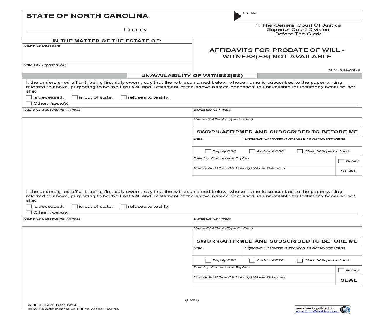 Affidavits For Probate Of Will Witnesses Not Available {E-301} | Pdf Fpdf Doc Docx | North Carolina