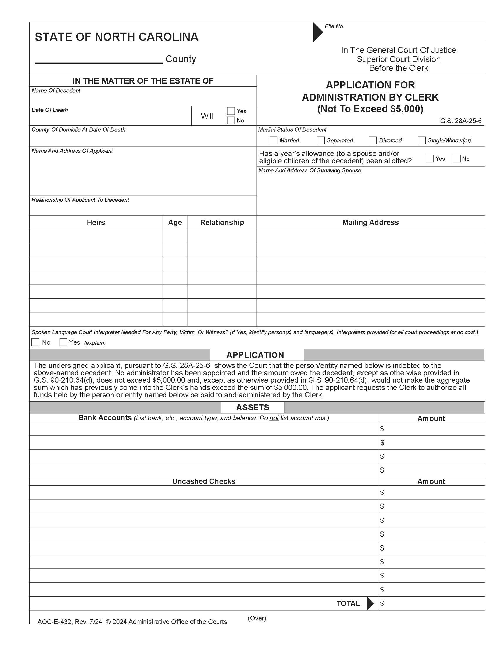 Application For Administration By Clerk {E-432} | Pdf Fpdf Docx | North Carolina