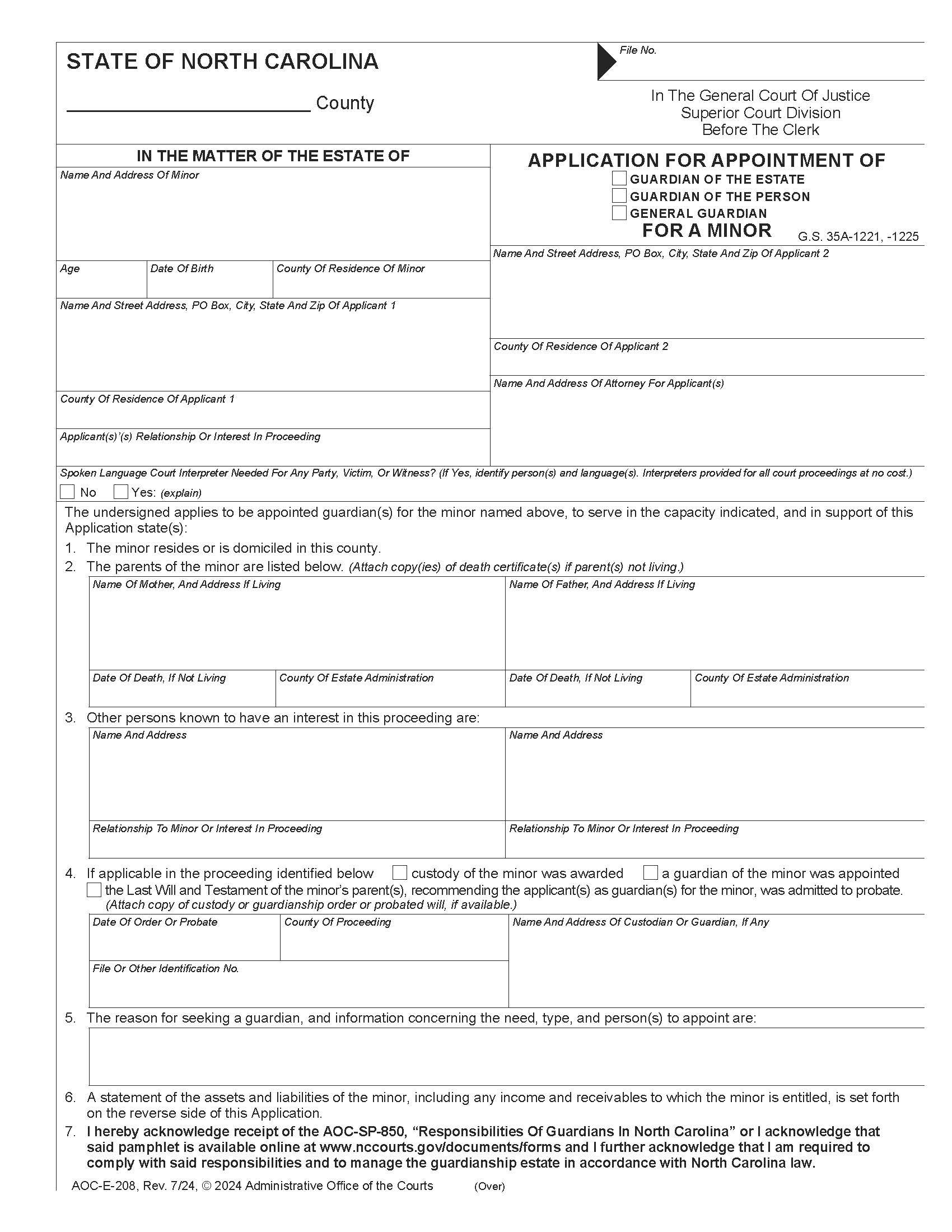 Application For Appointment Of Guardian For A Minor {E-208} | Pdf Fpdf Doc Docx | North Carolina