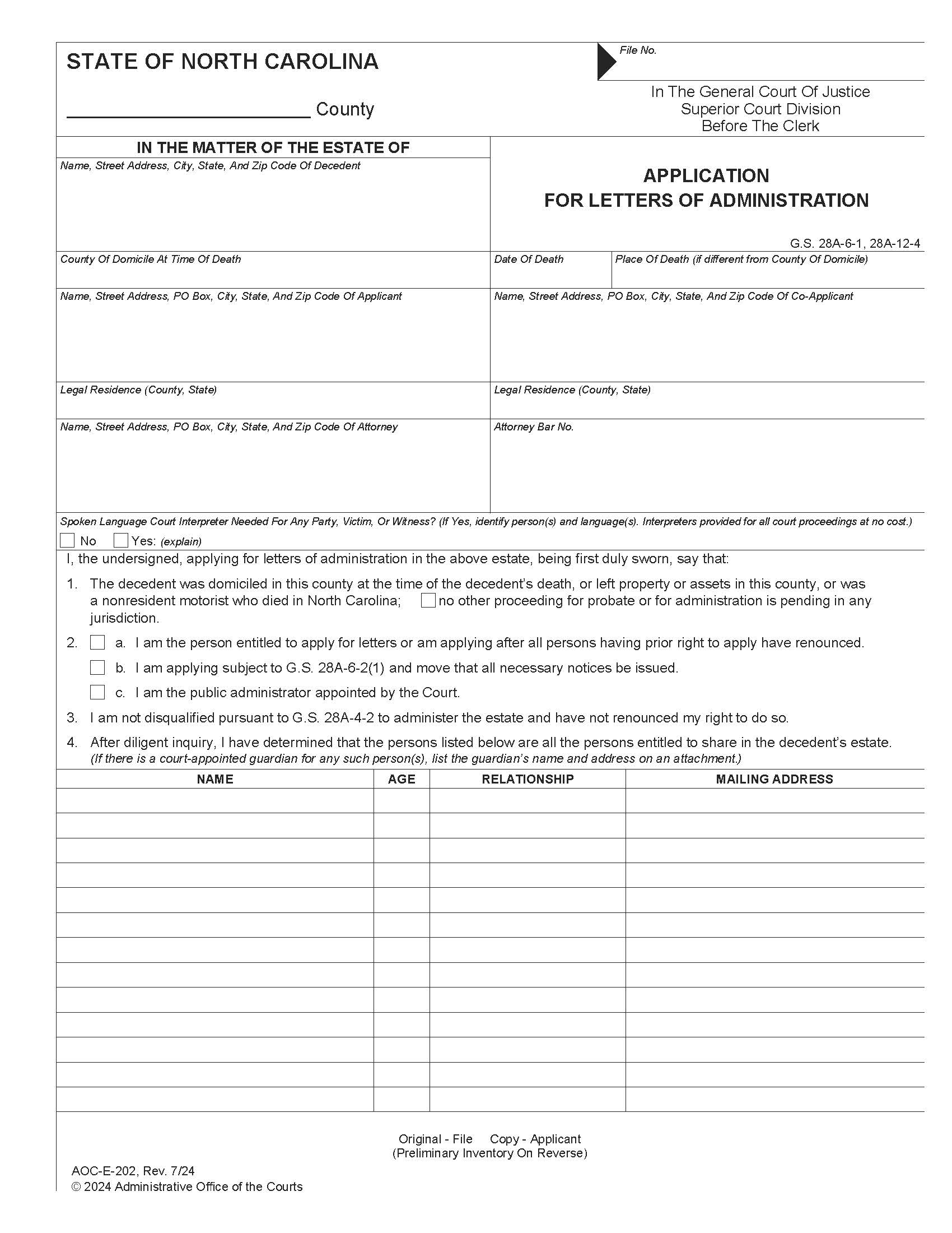 Application For Letters Of Administration {E-202} | Pdf Fpdf Doc Docx | North Carolina