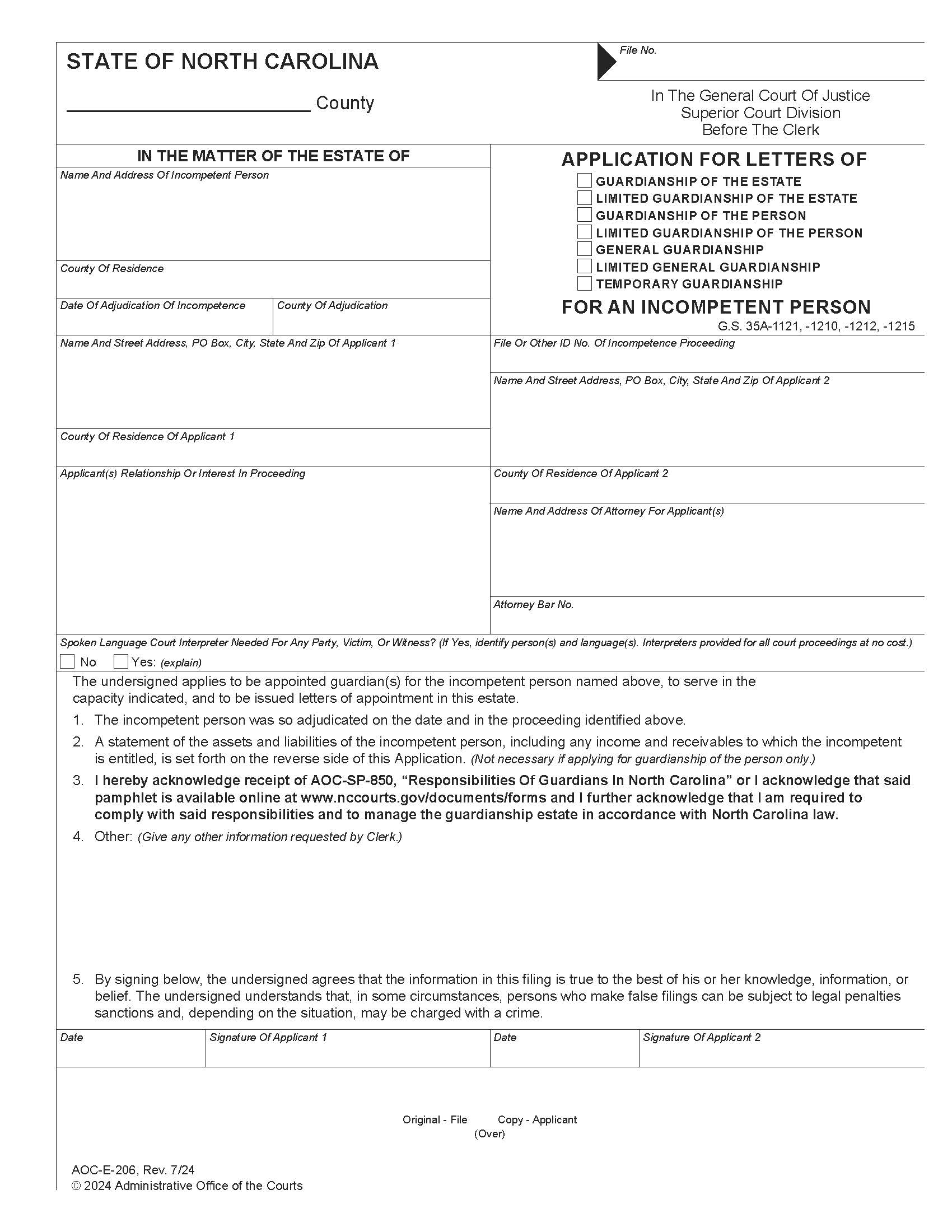 Application For Letters Of Guardianship For An Incompetent Person {E-206} | Pdf Fpdf Docx | North Carolina