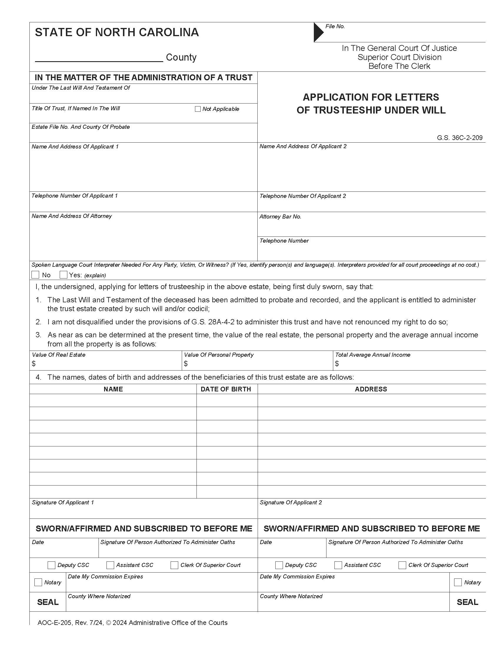 Application For Letters Of Trusteeship Under Will {E-205} | Pdf Fpdf Doc Docx | North Carolina