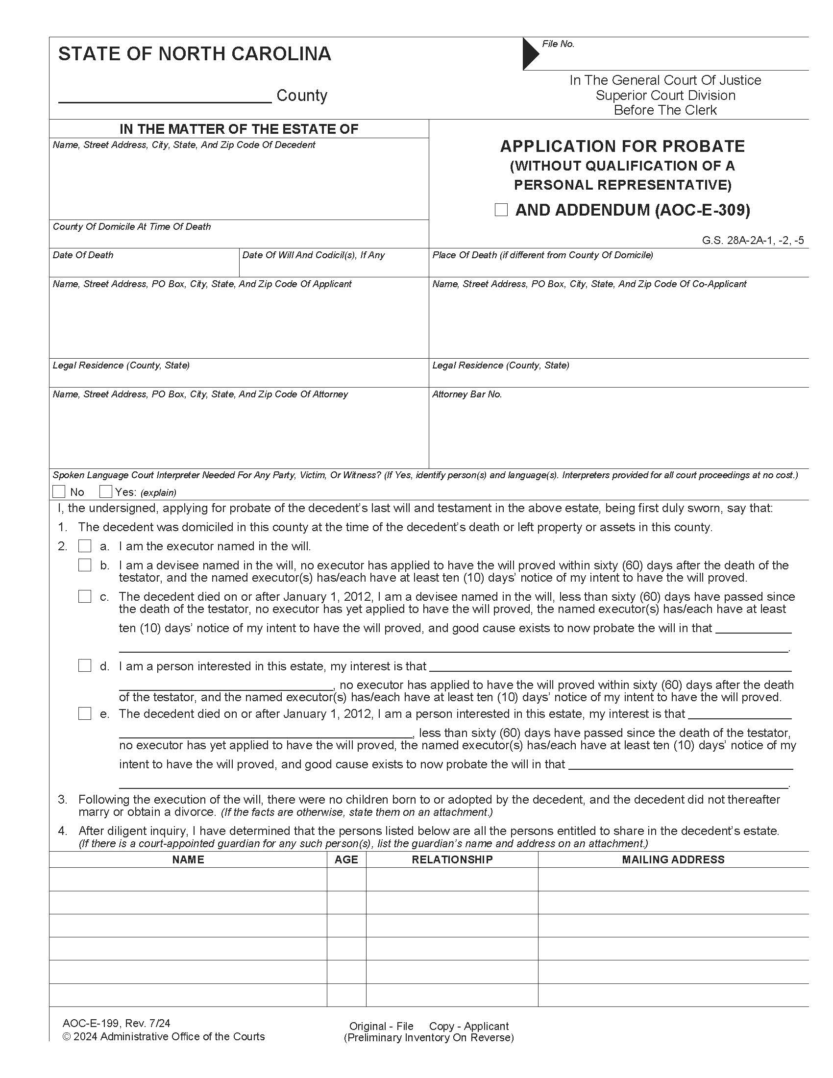 Application For Probate (Without Representative) {E-199} | Pdf Fpdf Docx | North Carolina