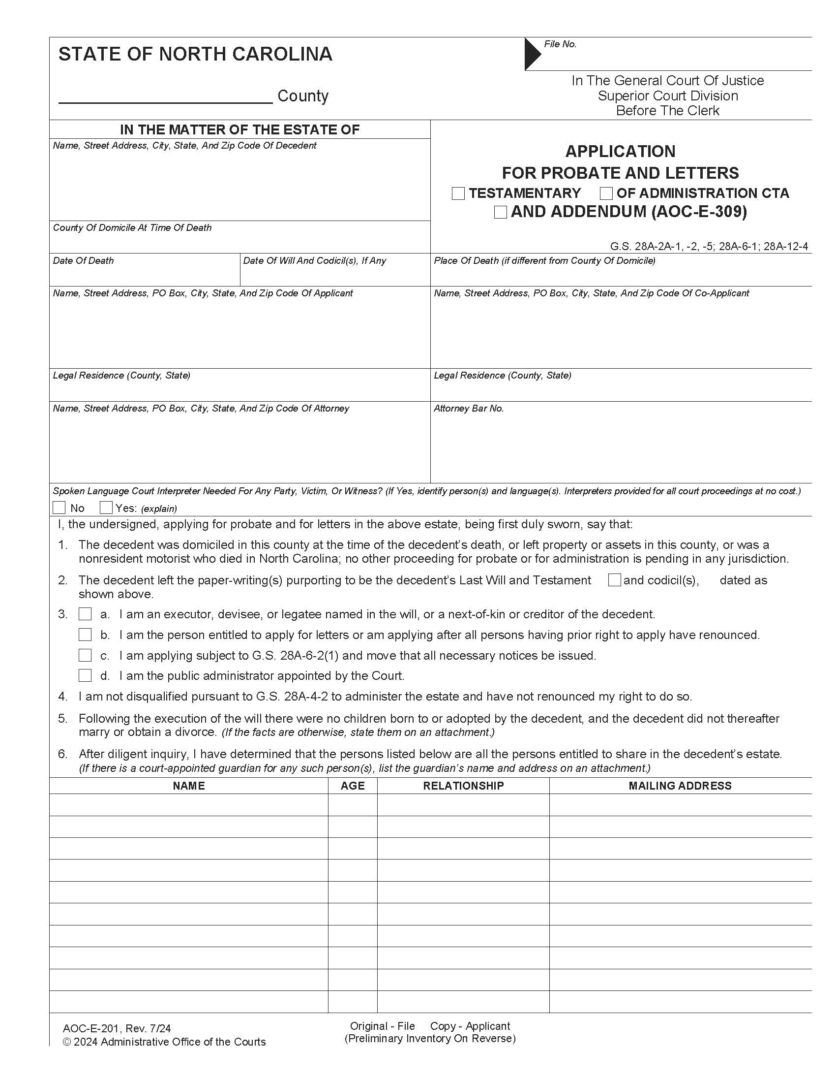 Application For Probate And Letters {E-201} | Pdf Fpdf Docx | North Carolina