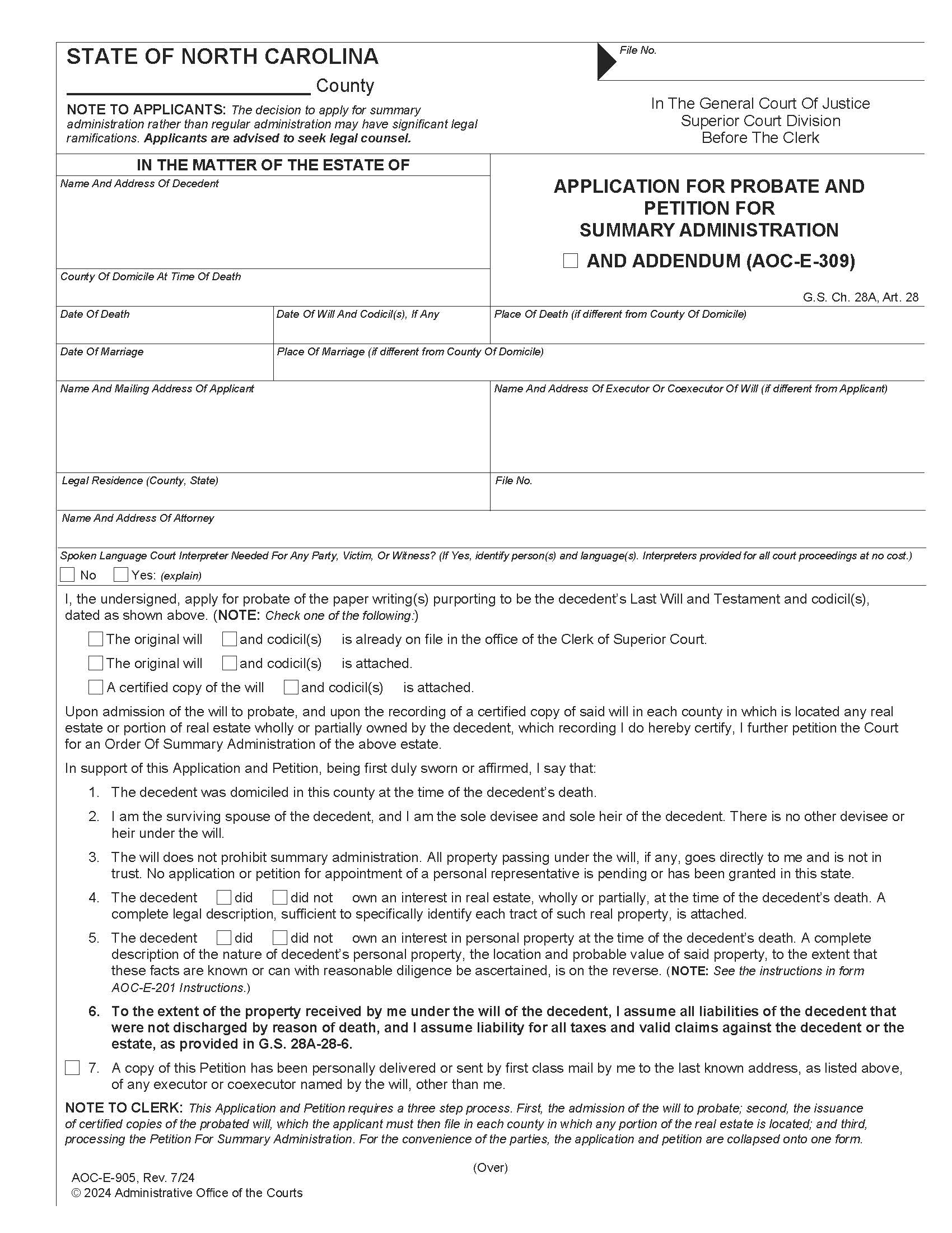 Application For Probate And Petition For Summary Administration {E-905M} | Pdf Fpdf Doc Docx | North Carolina