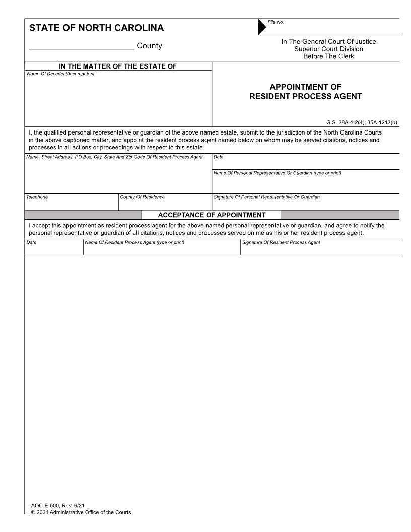 Appointment Of Resident Process Agent {E-500} | Pdf Fpdf Doc Docx | North Carolina