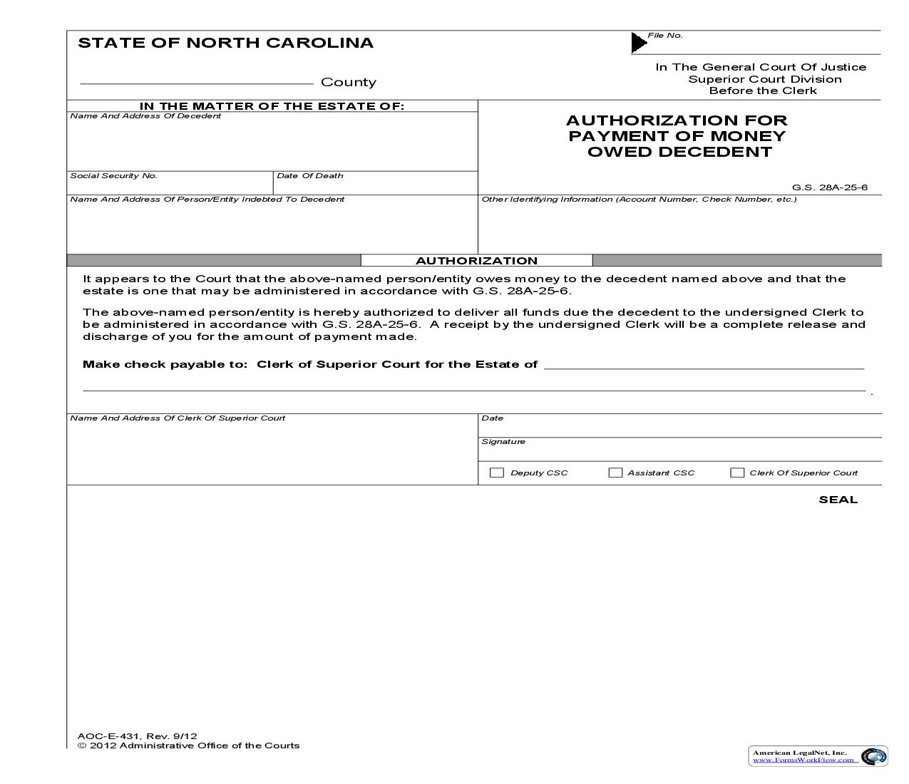 Authorization For Payment Of Money Owed Decedent {E-431} | Pdf Fpdf Doc Docx | North Carolina