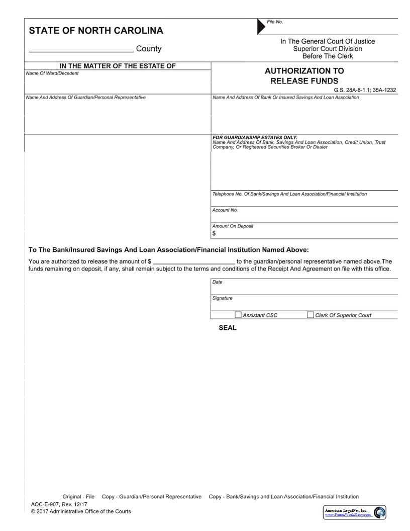 Authorization To Release Funds {E-907M} | Pdf Fpdf Docx | North Carolina