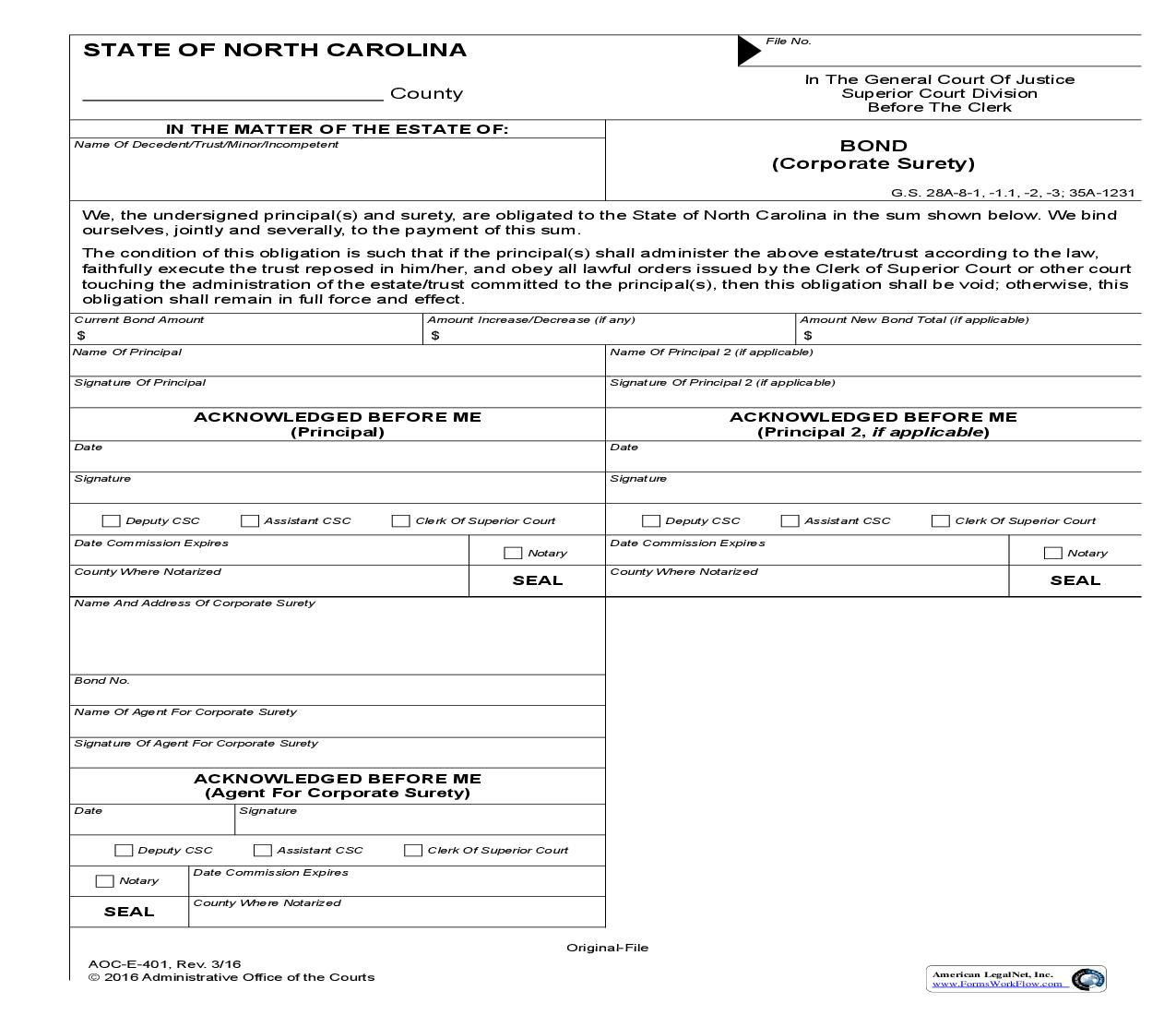 Bond {E-401} | Pdf Fpdf Doc Docx | North Carolina