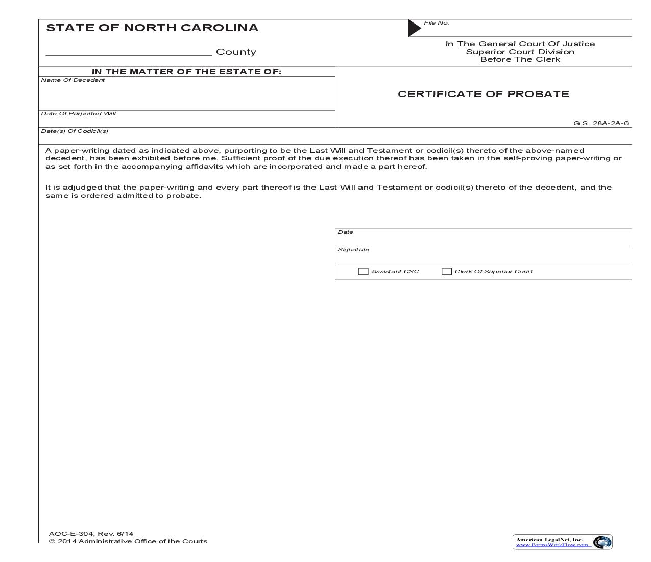 Certificate Of Probate {E-304} | Pdf Fpdf Doc Docx | North Carolina