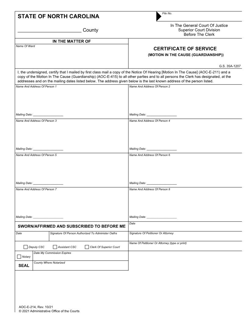 Certificate Of Service (Motion In The Cause To Modify Guardianship) {E-214} | Pdf Fpdf Docx | North Carolina
