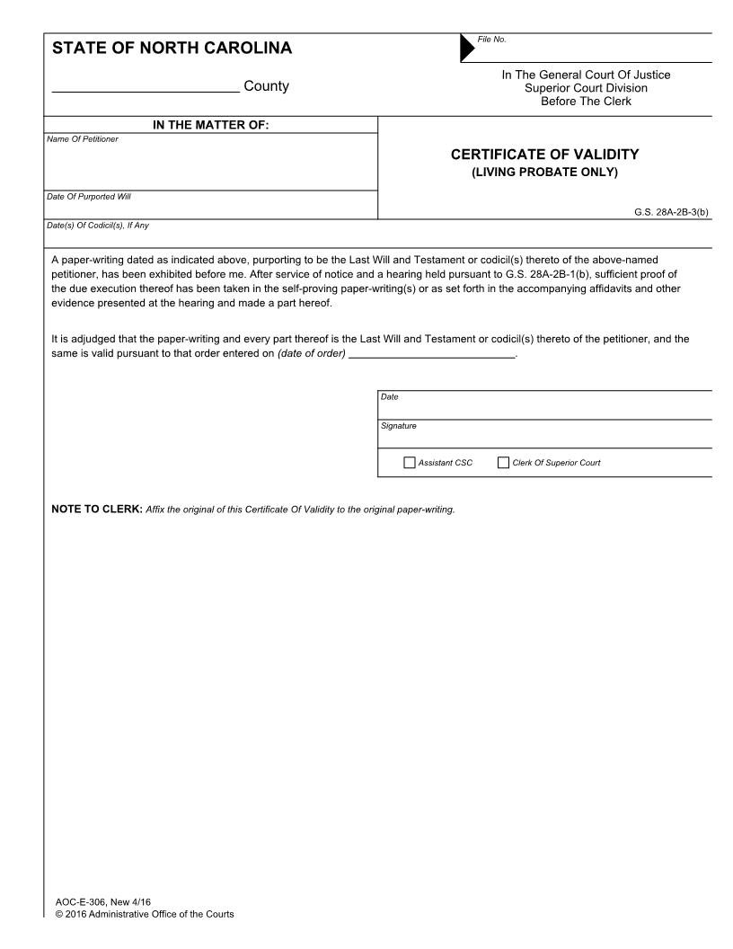 Certificate Of Validity (Living Probate Only) {E-306} | Pdf Fpdf Docx | North Carolina