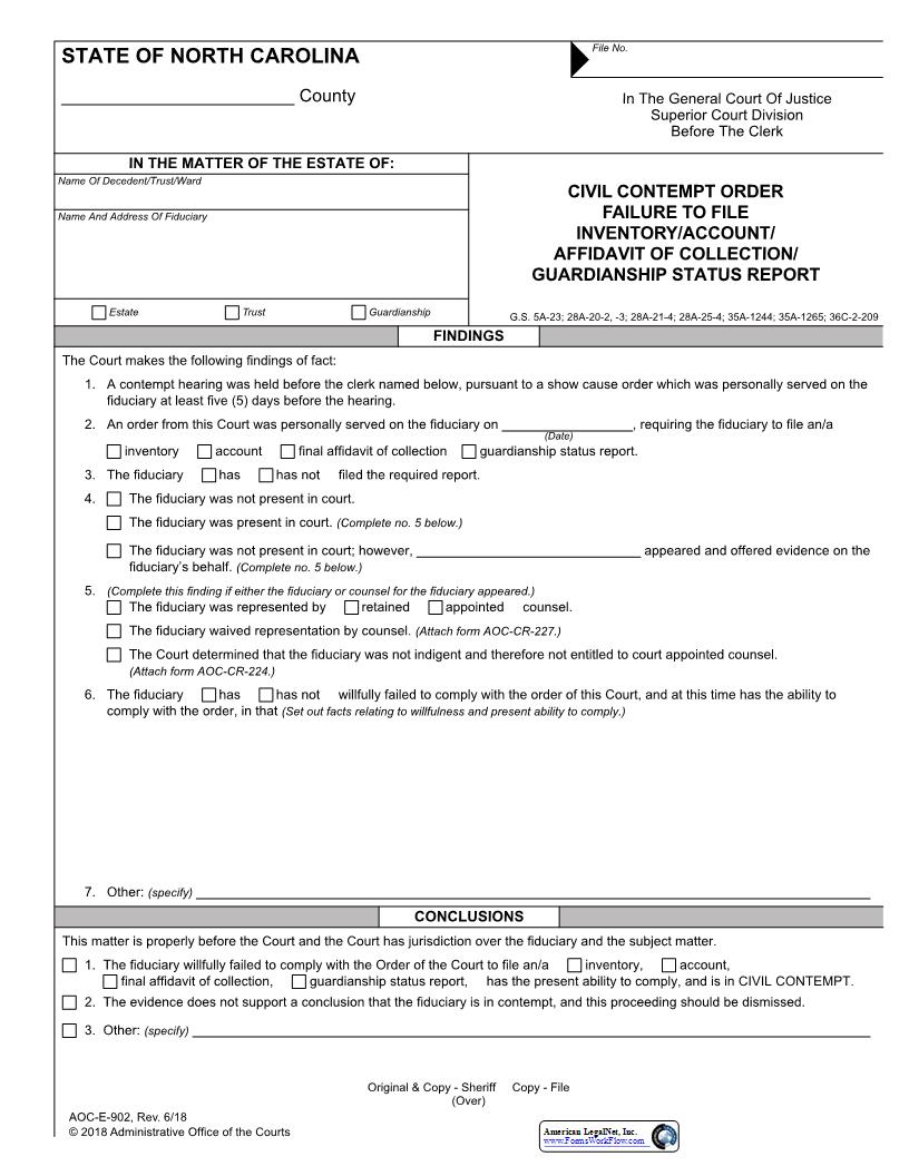 Civil Contempt Order Failure To File Inventory Account {E-902M} | Pdf Fpdf Docx | North Carolina