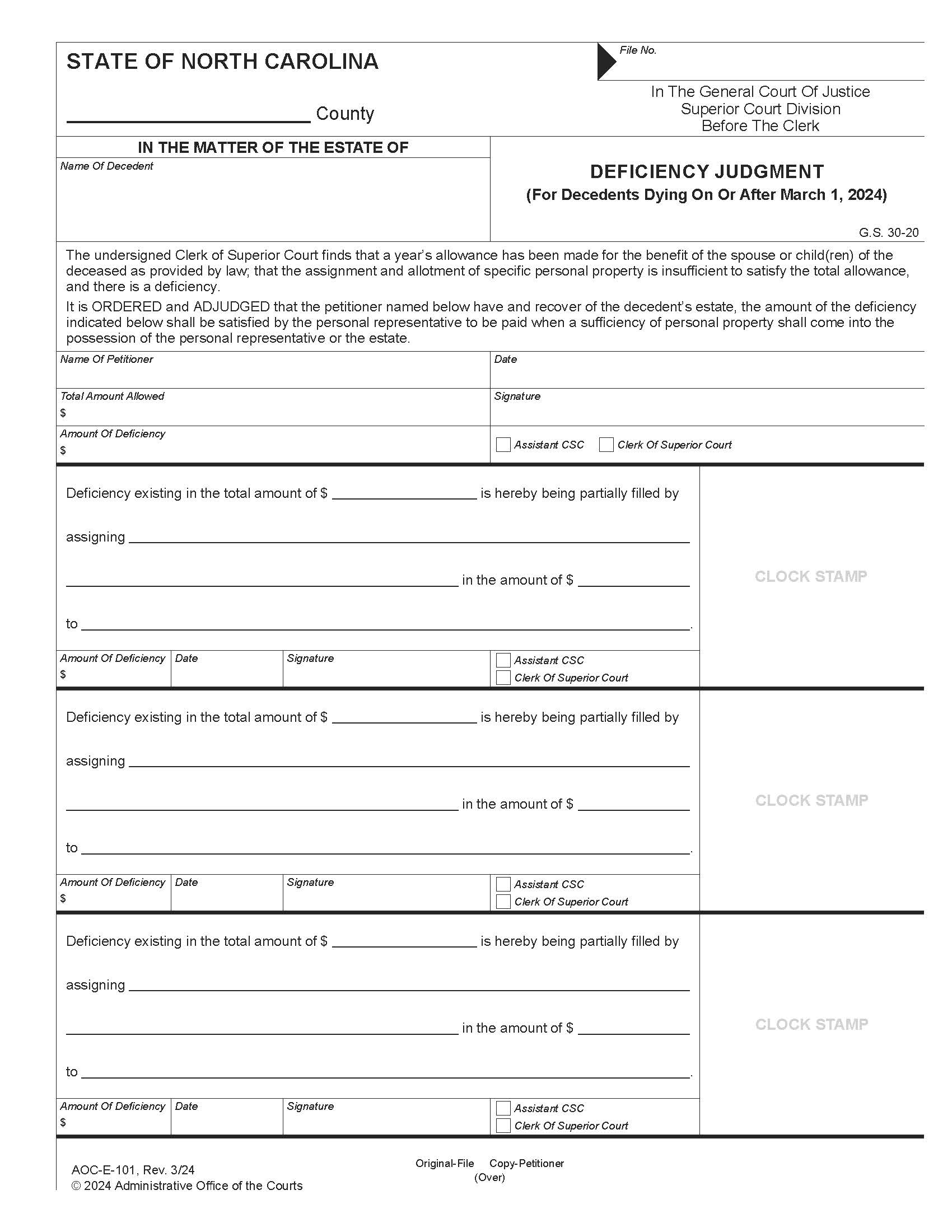 Deficiency Judgment {E-101} | Pdf Fpdf Docx | North Carolina