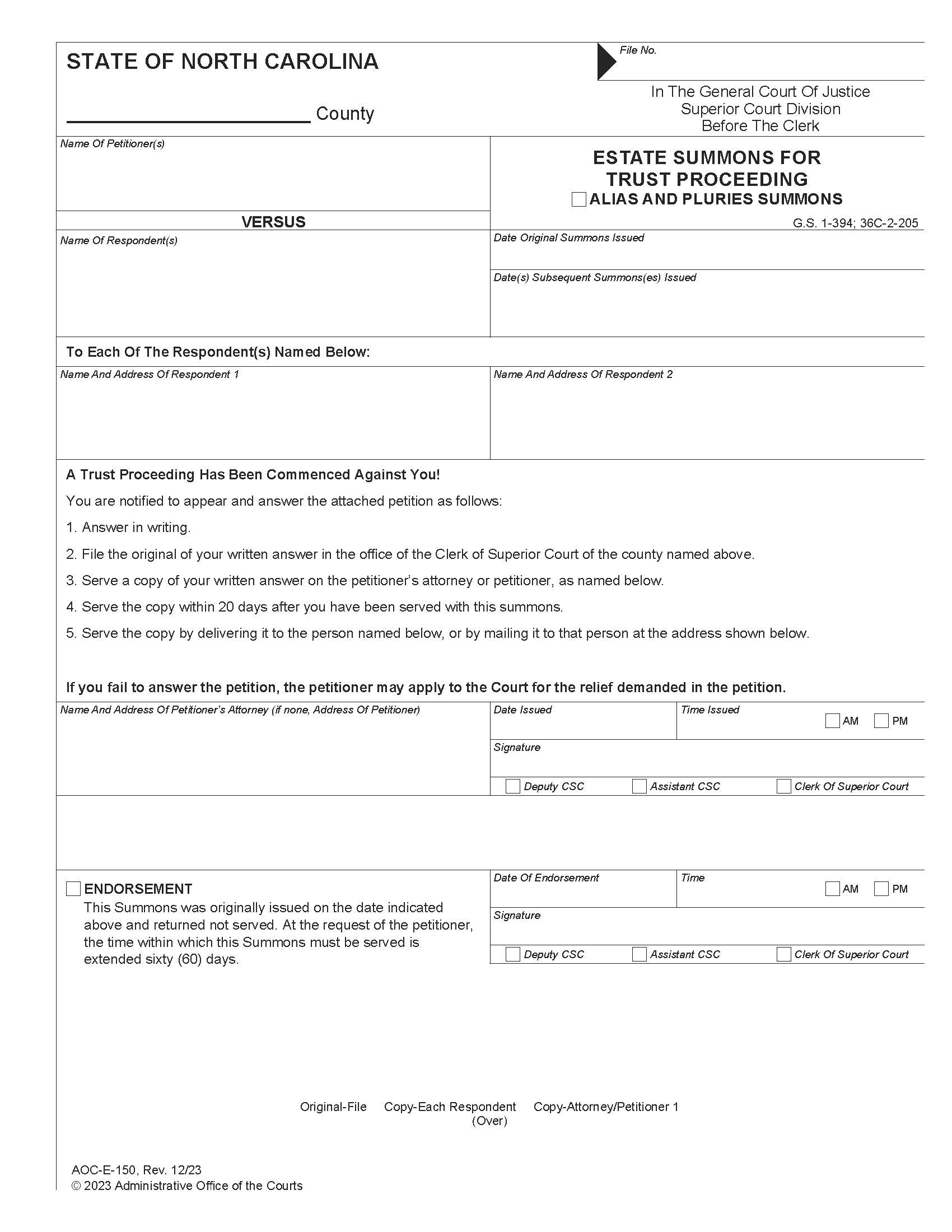 Estate Summons For Trust Proceeding {E-150} | Pdf Fpdf Docx | North Carolina