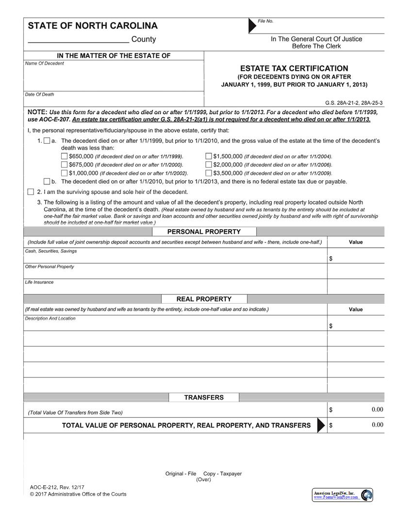 Estate Tax Certification For Decedents Dying On Or After 1 1 99 {E-212} | Pdf Fpdf Docx | North Carolina