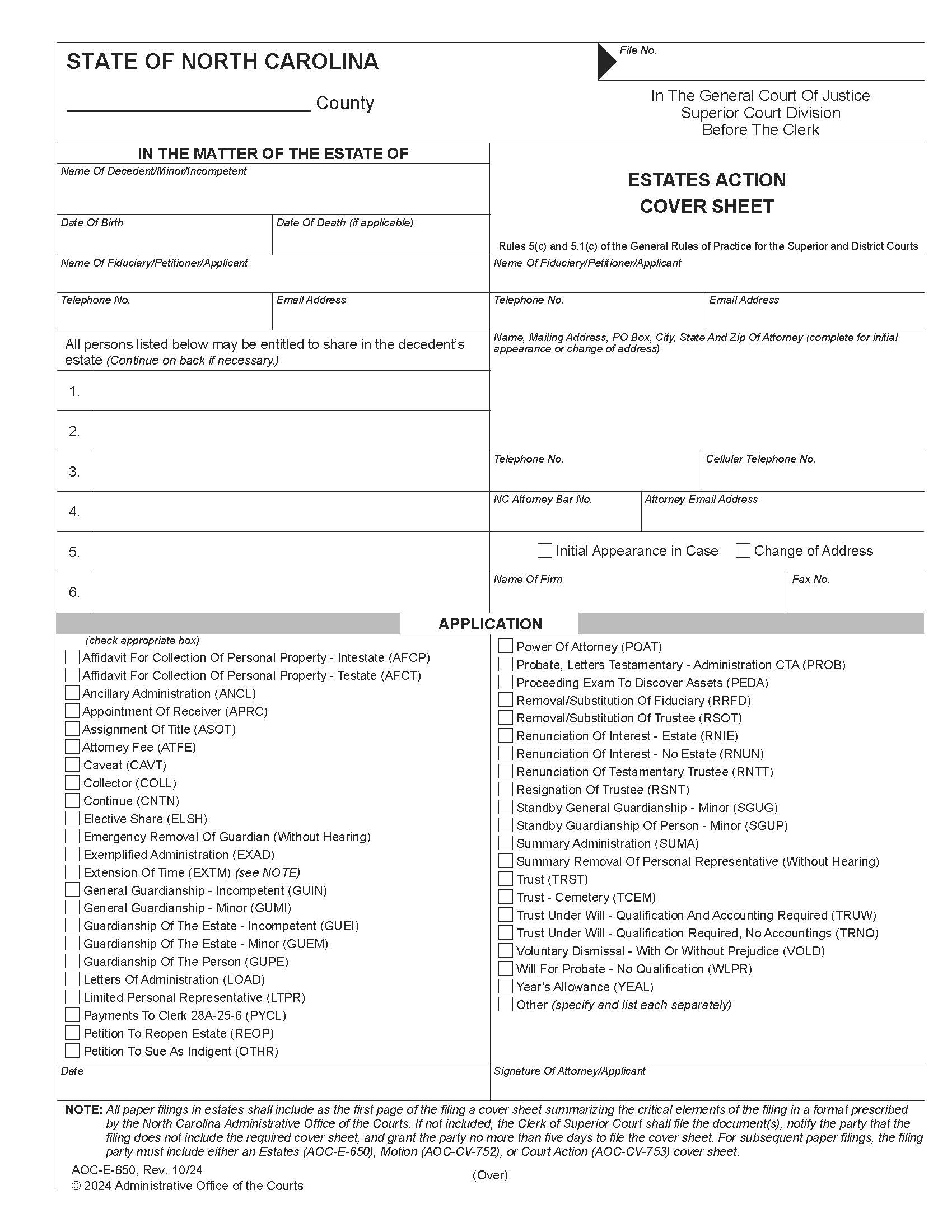 Estates Action Cover Sheet {E-650} | Pdf Fpdf Doc Docx | North Carolina