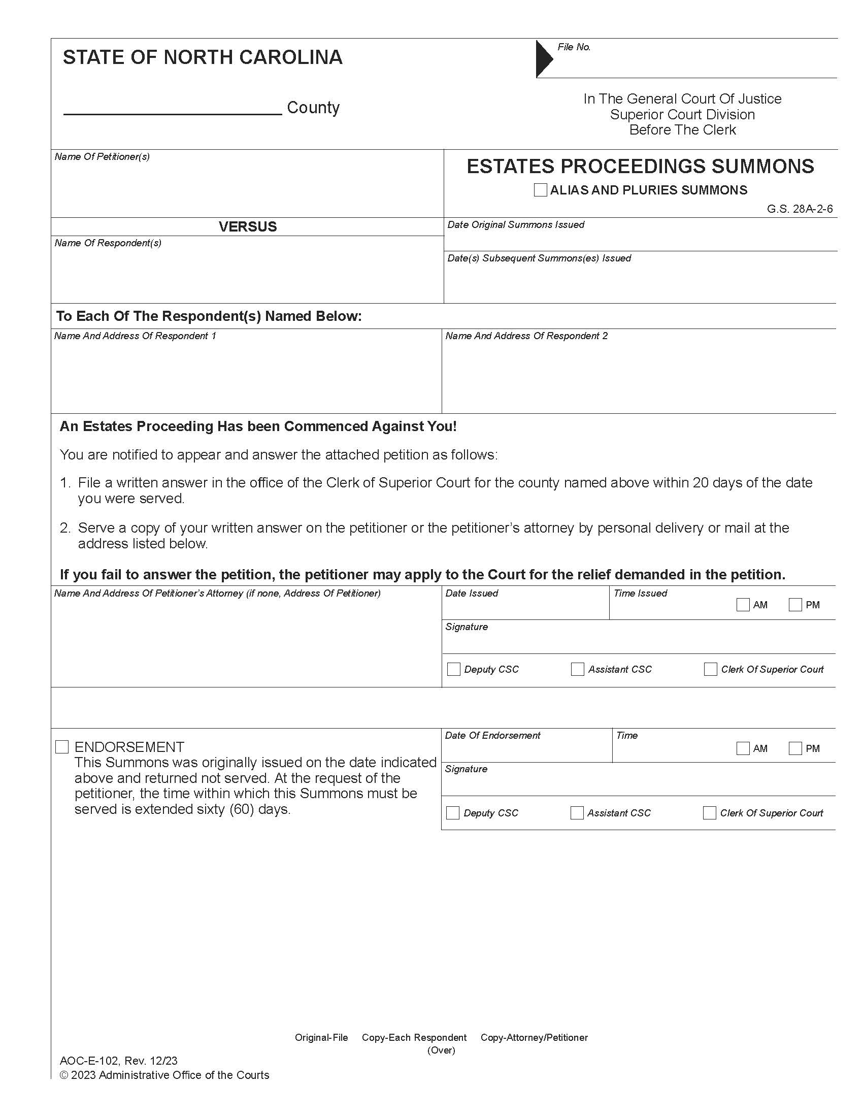 Estates Proceedings Summons {E-102} | Pdf Fpdf Docx | North Carolina