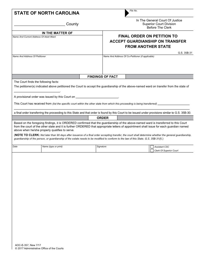 Final Order On Petition To Accept Guardianship On Transfer From Another State {E-357} | Pdf Fpdf Docx | North Carolina