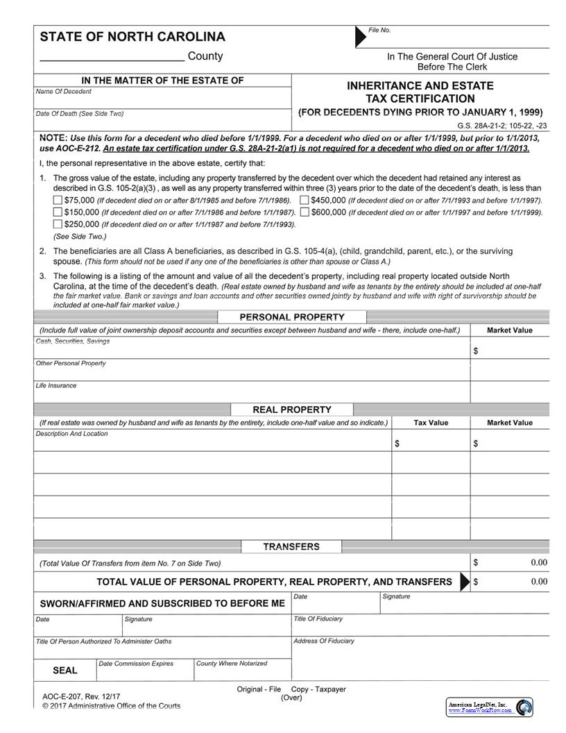 Inheritance And Estate Tax Certification {E-207} | Pdf Fpdf Docx | North Carolina