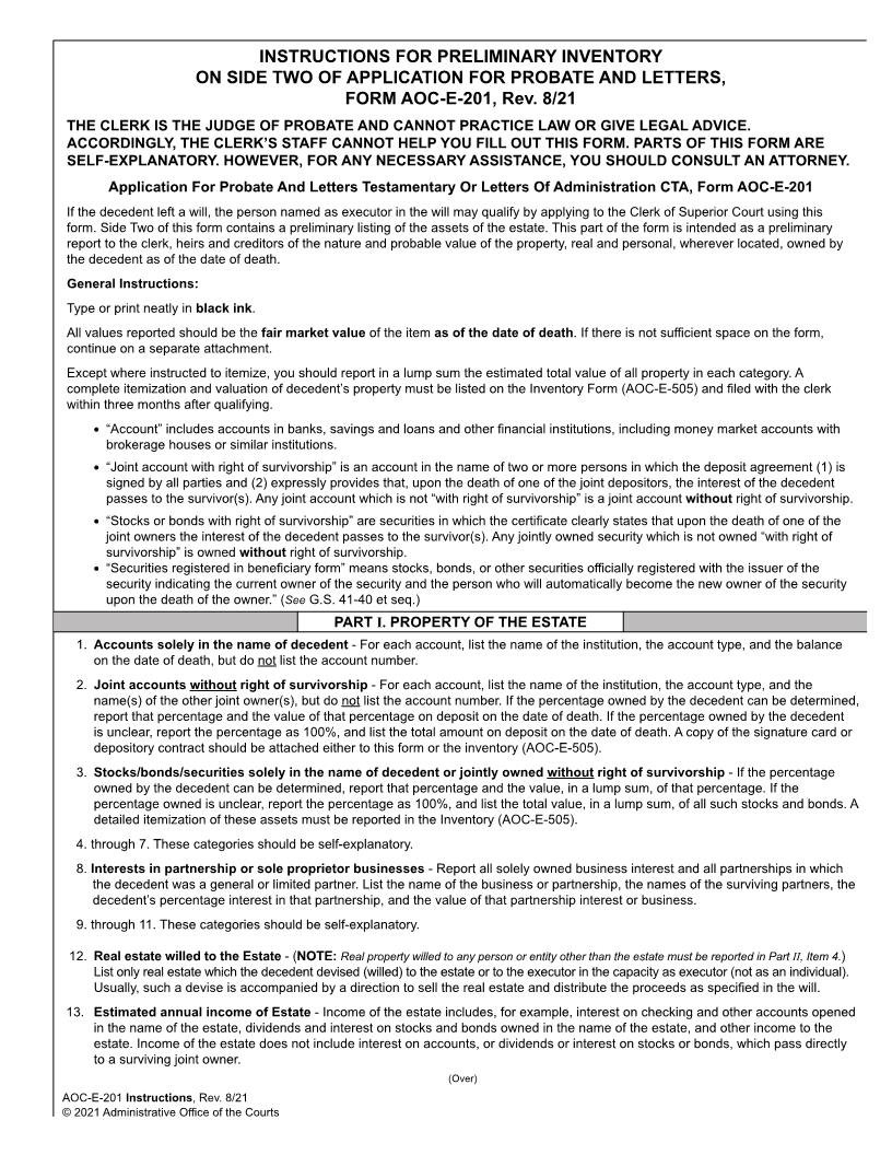 Instruction For Preliminary Inventory On Side Two Of Application For Probate And Letters {E-201ins} | Pdf Fpdf Doc Docx | North Carolina