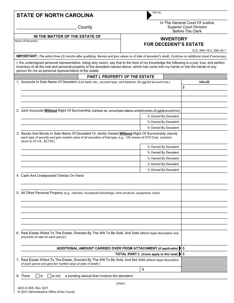 Inventory For Decedents Estate {E-505} | Pdf Fpdf Docx | North Carolina