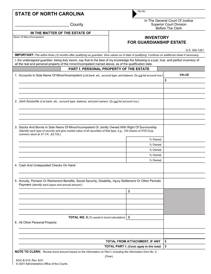 Inventory For Guardianship Estate {E-510} | Pdf Fpdf Doc Docx | North Carolina