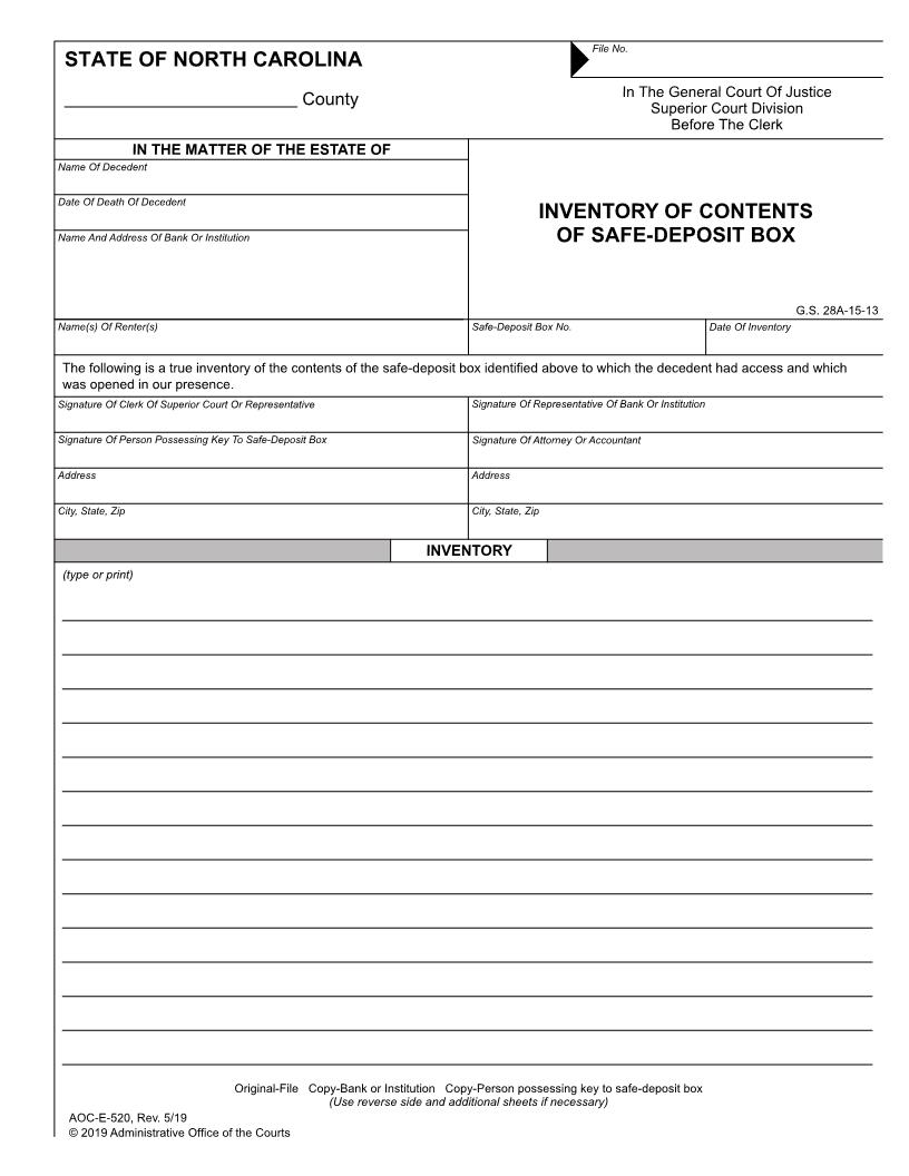 Inventory Of Contents Of Lock Box {E-520} | Pdf Fpdf Doc Docx | North Carolina