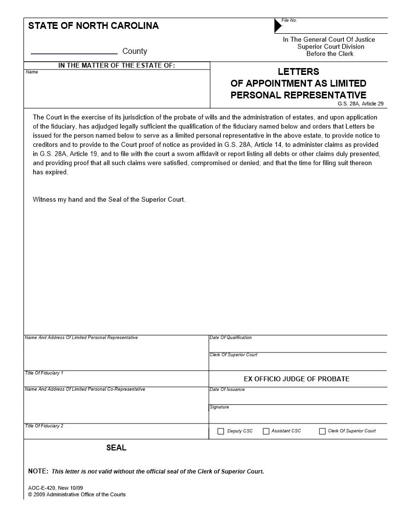 Letters Of Appointment As Limited Personal Representative {E-420} | Pdf Fpdf Docx | North Carolina