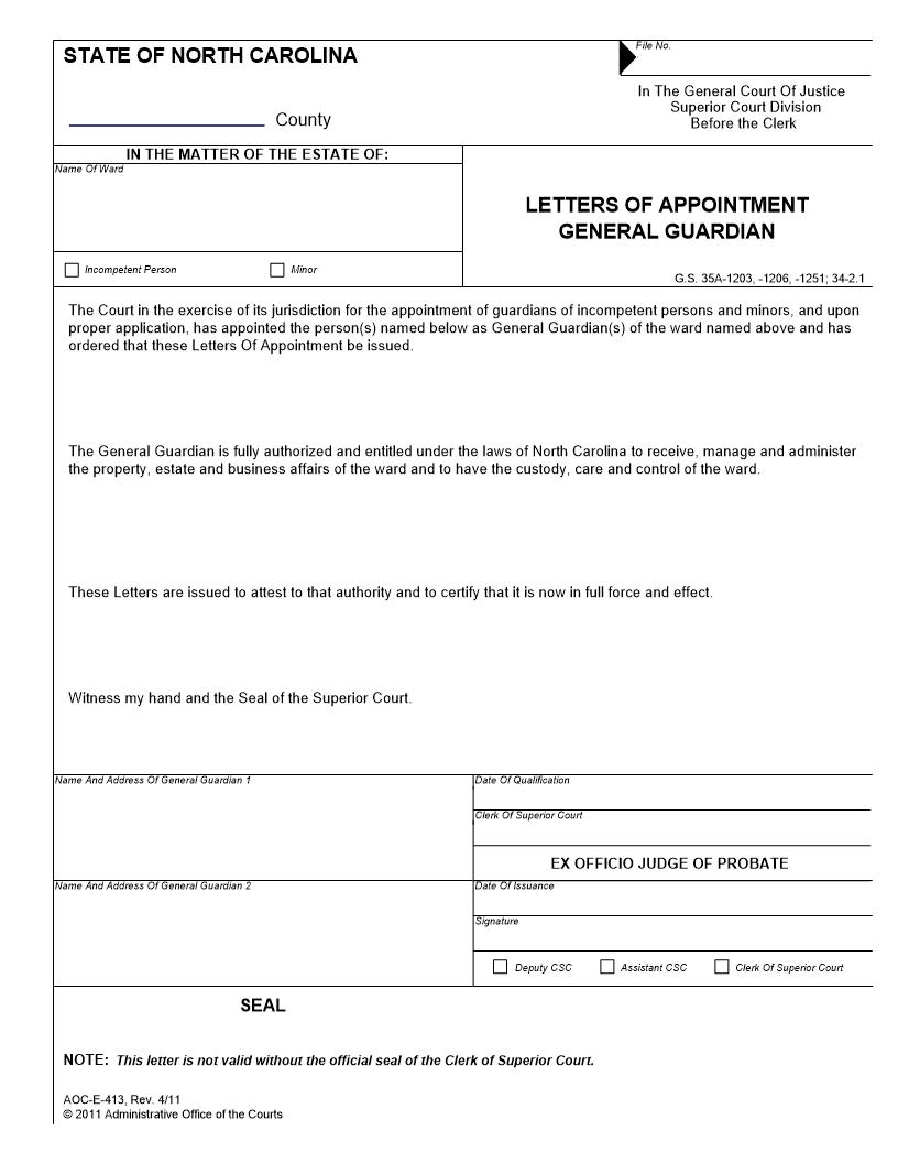 Letters Of Appointment General Guardian {E-413} | Pdf Fpdf Docx | North Carolina