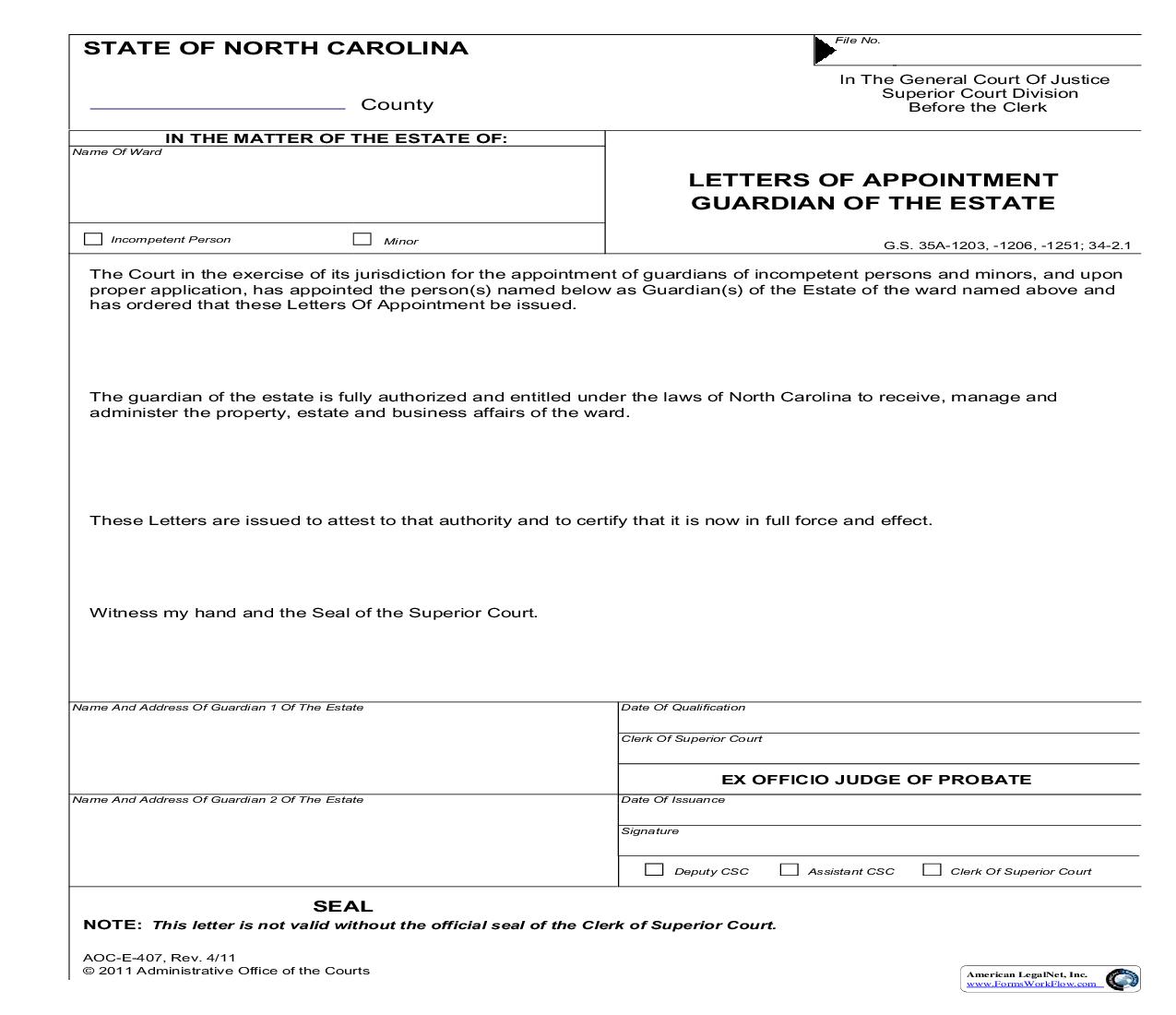 Letters Of Appointment Guardian Of The Estate {E-407} | Pdf Fpdf Doc Docx | North Carolina