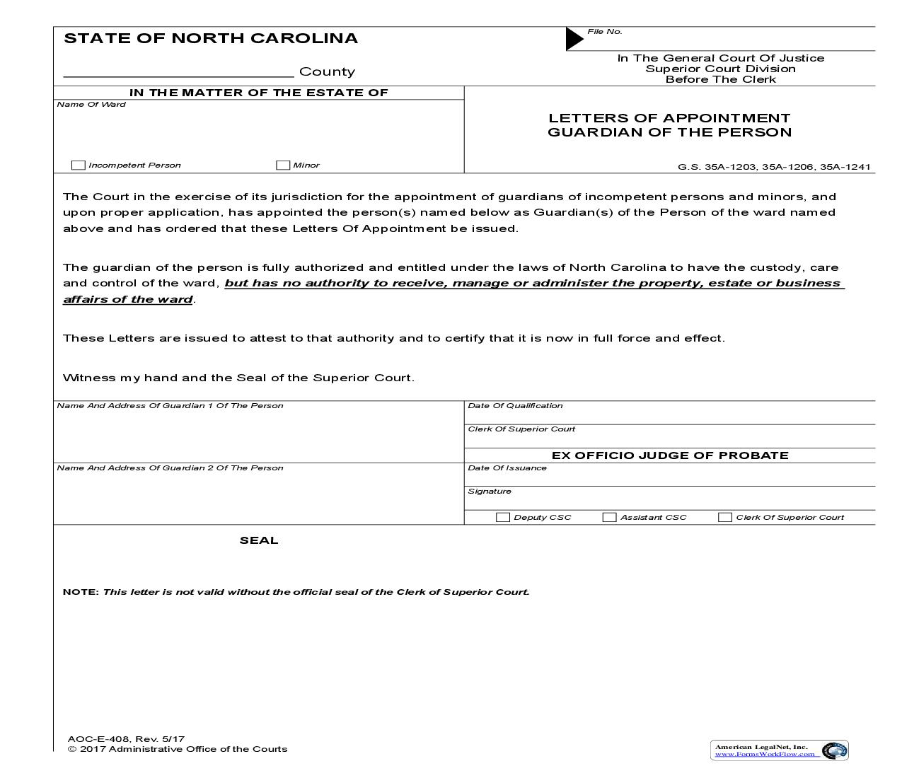 Letters Of Appointment Guardian Of The Person {E-408} | Pdf Fpdf Doc Docx | North Carolina