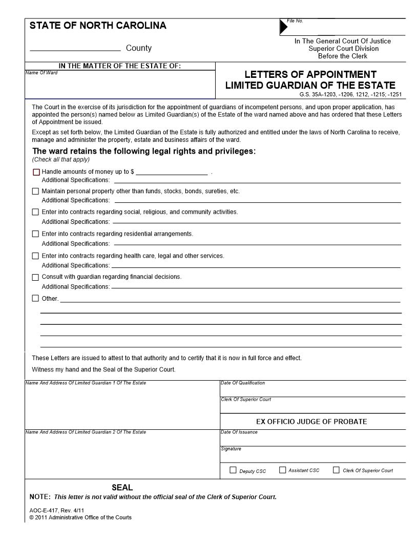 Letters Of Appointment Limited Guardian Of The Estate {E-417} | Pdf Fpdf Docx | North Carolina