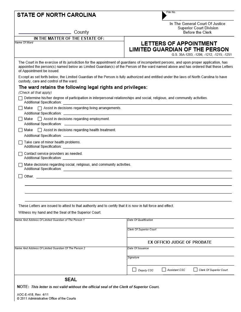 Letters Of Appointment Limited Guardian Of The Person {E-418} | Pdf Fpdf Docx | North Carolina