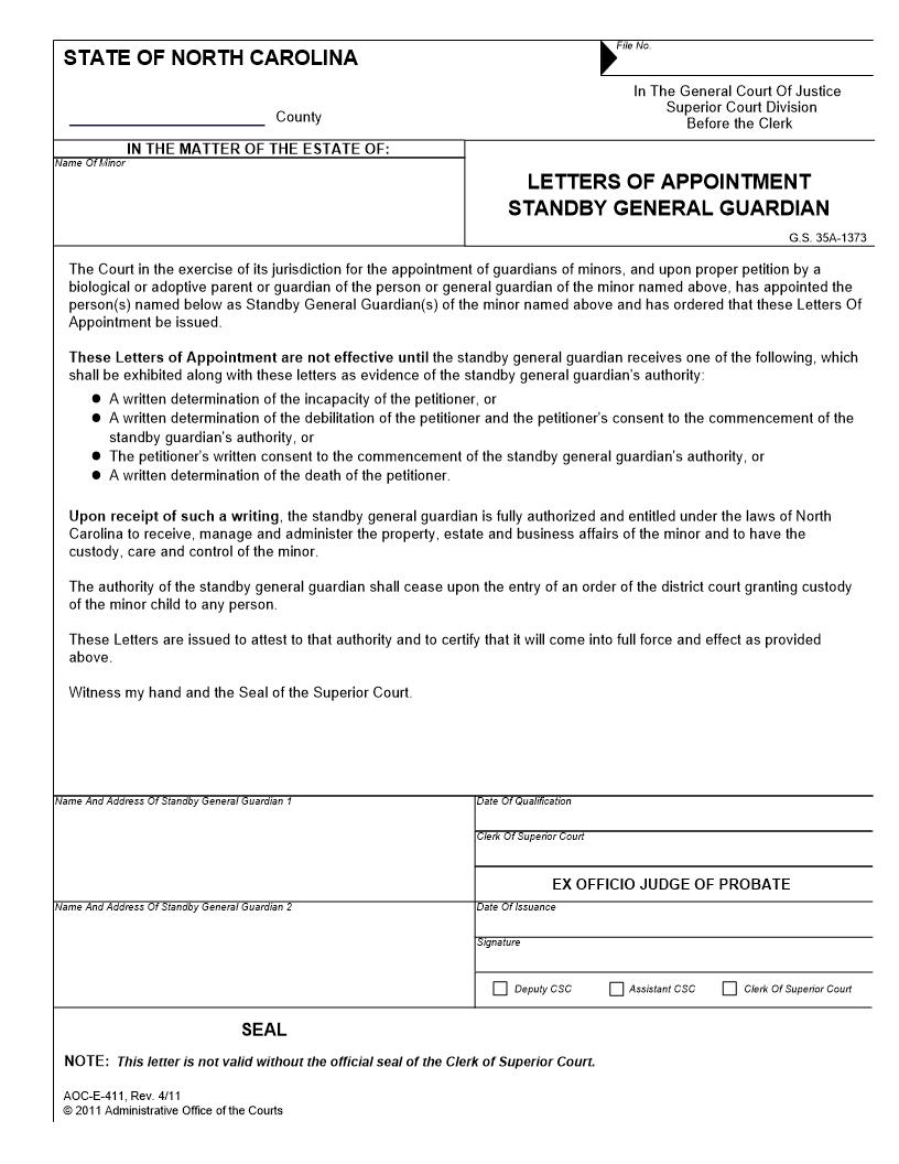 Letters Of Appointment Standby General Guardian {E-411} | Pdf Fpdf Docx | North Carolina