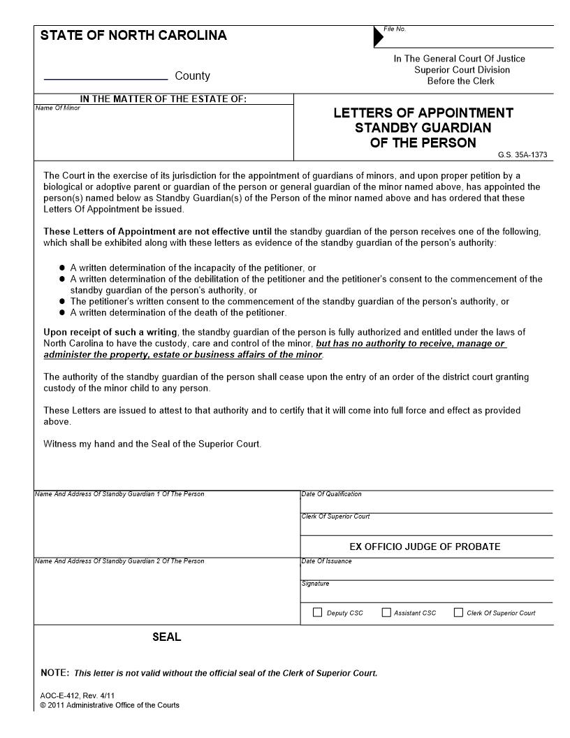 Letters Of Appointment Standby Guardian Of The Person {E-412} | Pdf Fpdf Docx | North Carolina