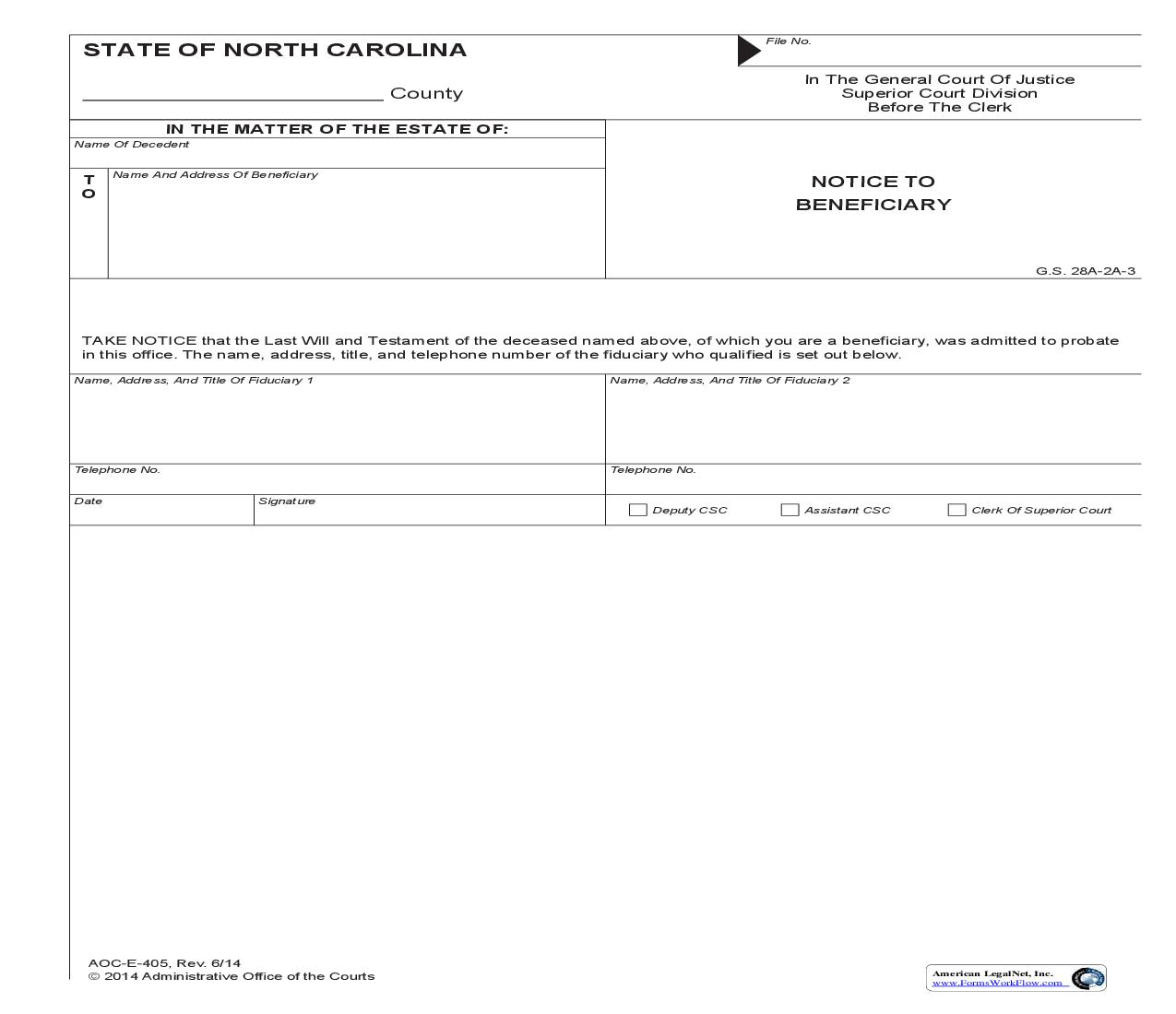 Notice To Beneficiary {E-405} | Pdf Fpdf Doc Docx | North Carolina