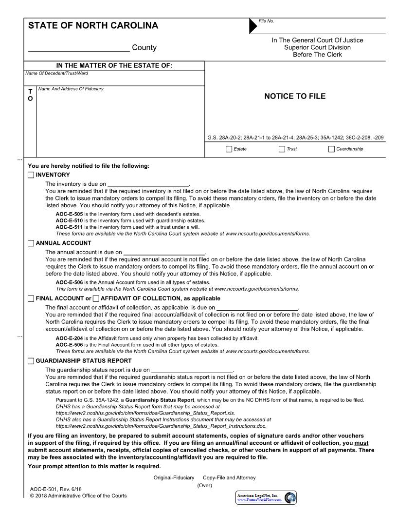 Notice To File Inventory Annual Account Final Account {E-501} | Pdf Fpdf Docx | North Carolina